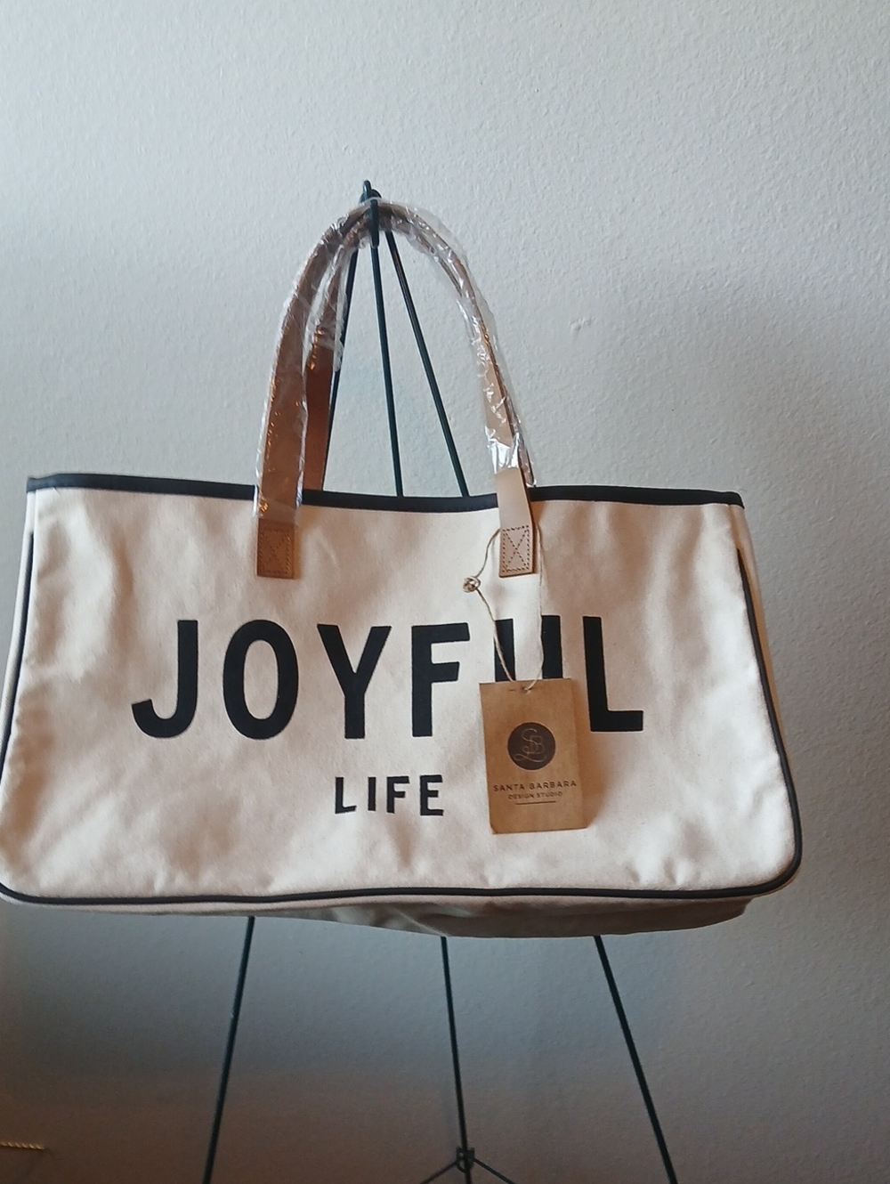 Joyful Life Canvas Tote Bag - Cream with Black Accents
